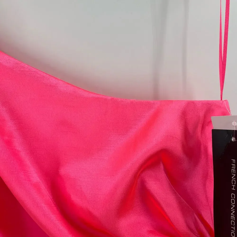 FRENCH CONNECTION Dress Size 6 Adaline Satin One Shoulder Midi Neon Pink NWT